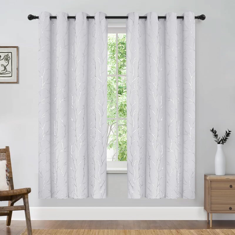 BUHUA Cream Blackout Curtains, Tree Branch Silver Curtains for Bedroom, 72 Inch Length Thermal Insulated Curtains, Darkening Curtains, Dinning Room Curtains Set, 52W x 72L, Greyish White, 2 Panel - Image 2